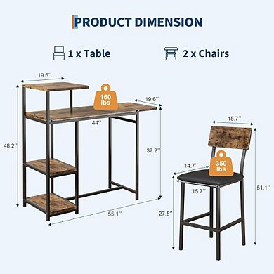 Expandable Bar Table and Chairs Set with Storage Shelves and Wine Rack