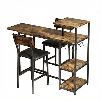 Expandable Bar Table and Chairs Set with Storage Shelves and Wine Rack