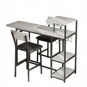 Expandable Bar Table and Chairs Set with Storage Shelves and Wine Rack