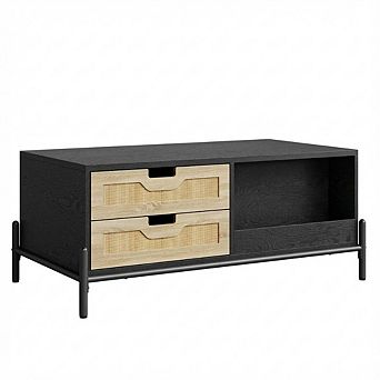 Farmhouse Coffee Table with Storage Drawers, Open Shelf and LED Lighting