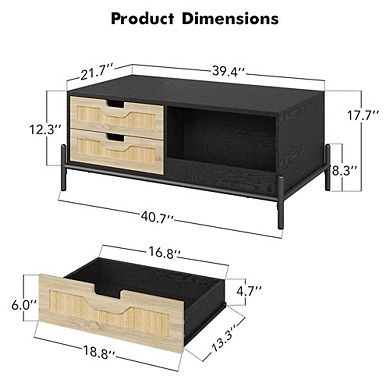 Farmhouse Coffee Table with Storage Drawers, Open Shelf and LED Lighting