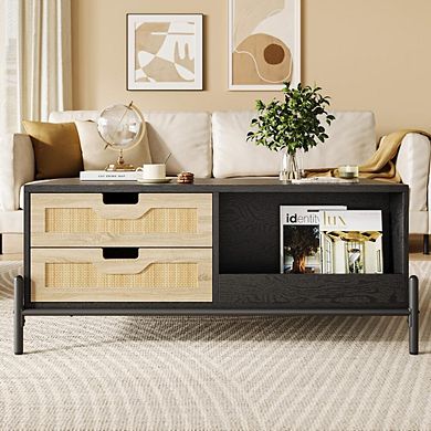 Farmhouse Coffee Table with Storage Drawers, Open Shelf and LED Lighting