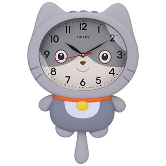 Cartoon Cat Wall Clock with Bell Decor, Silent Clock, Battery Operated for Playroom 15x10x2.4 inch