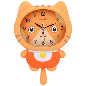 Cartoon Cat Wall Clock with Bell Decor, Silent Clock, Battery Operated for Playroom 15x10x2.4 inch