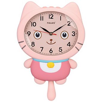 Cartoon Cat Wall Clock with Bell Decor, Silent Clock, Battery Operated for Playroom 15x10x2.4 inch