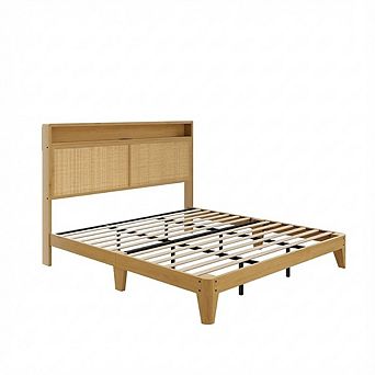 Rattan Bed Frame with LED Lights, Charging Station and Storage Headboard