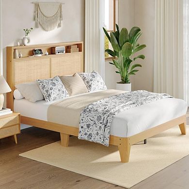 Rattan Bed Frame with LED Lights, Charging Station and Storage Headboard