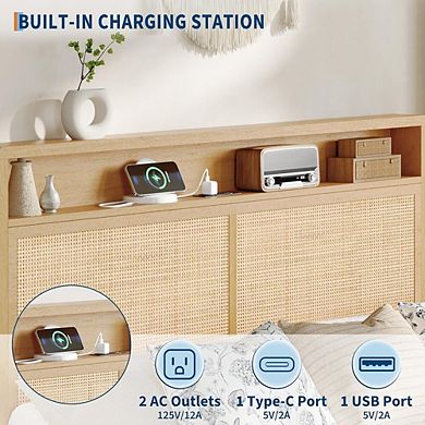 Rattan Bed Frame with LED Lights, Charging Station and Storage Headboard