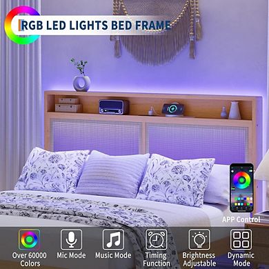 Rattan Bed Frame with LED Lights, Charging Station and Storage Headboard