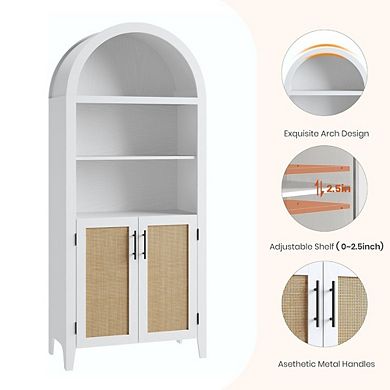 Arched Kitchen Pantry Storage Cabinet with Rattan Decor and Open Shelves