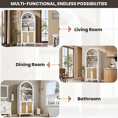 Arched Kitchen Pantry Storage Cabinet with Rattan Decor and Open Shelves