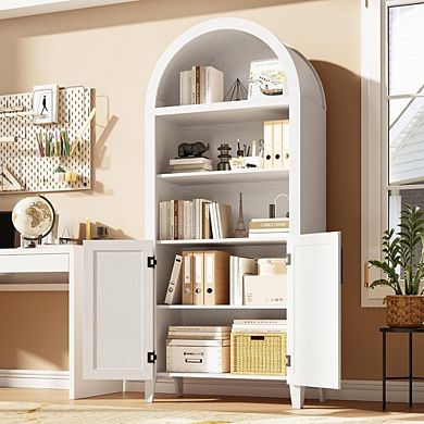 Arched Kitchen Pantry Storage Cabinet with Rattan Decor and Open Shelves
