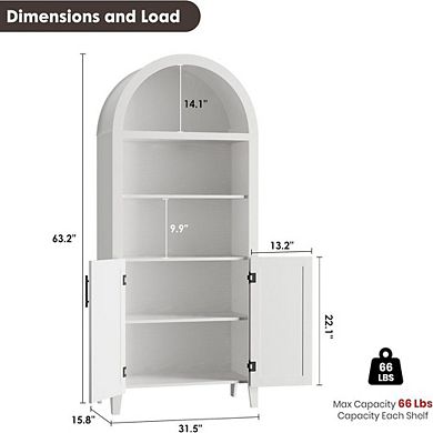 Arched Kitchen Pantry Storage Cabinet with Rattan Decor and Open Shelves