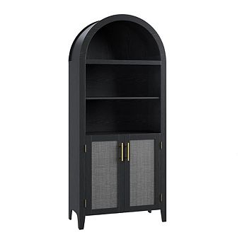 Arched Kitchen Pantry Storage Cabinet with Rattan Decor and Open Shelves