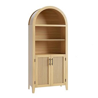 Arched Kitchen Pantry Storage Cabinet with Rattan Decor and Open Shelves