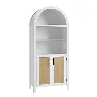 Arched Kitchen Pantry Storage Cabinet with Rattan Decor and Open Shelves