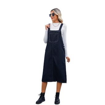 Women's Sleeveless Casual Denim Dress Crewneck Vintage Loose Adjustable Strap Midi Jean Dress