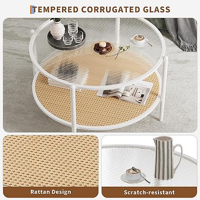 Round 2-Tier Coffee Table with Tempered Glass Top - For Living Room, Office & Small Spaces