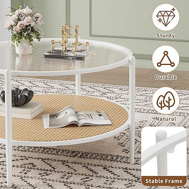 Round 2-Tier Coffee Table with Tempered Glass Top - For Living Room, Office & Small Spaces