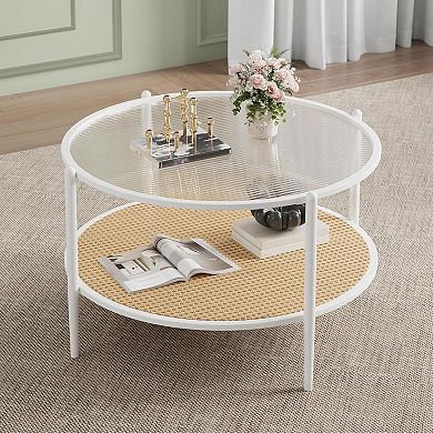 Round 2-Tier Coffee Table with Tempered Glass Top - For Living Room, Office & Small Spaces