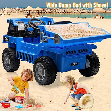 12V 5WD Kids Electric Ride On Dump Truck with Remote, Adjustable Dump Bed, Two Speeds, Music & LED