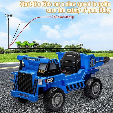 12V 5WD Kids Electric Ride On Dump Truck with Remote, Adjustable Dump Bed, Two Speeds, Music & LED