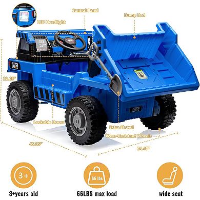 12V 5WD Kids Electric Ride On Dump Truck with Remote, Adjustable Dump Bed, Two Speeds, Music & LED