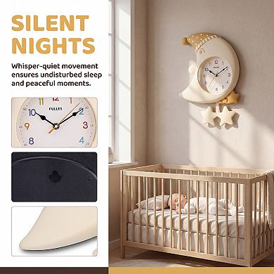 Cute Cartoon Moon Wall Clock with Star Decor, Silent Non-Ticking Wall Clock for Decor 18x12x2.4 inch