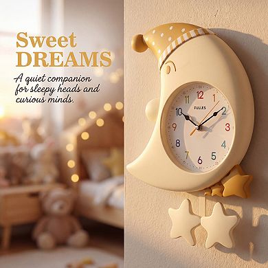 Cute Cartoon Moon Wall Clock with Star Decor, Silent Non-Ticking Wall Clock for Decor 18x12x2.4 inch