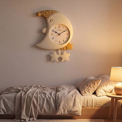 Cute Cartoon Moon Wall Clock with Star Decor, Silent Non-Ticking Wall Clock for Decor 18x12x2.4 inch