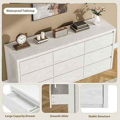 Rustic Farmhouse Nine Drawer Dresser with Handle-Free Design and Anti-Tip Safety