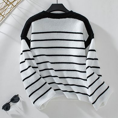 Women's Cropped Striped Sweater Casual Pullover Ribbed Knit Cute Crewneck Sweater Top
