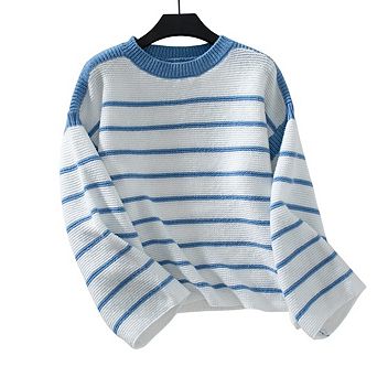 Women's Cropped Striped Sweater Casual Pullover Ribbed Knit Cute Crewneck Sweater Top