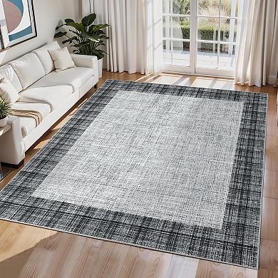 Modern Bordered Area Rug Machine Washable Non Slip Pet Friendly Low Pile for Living Room