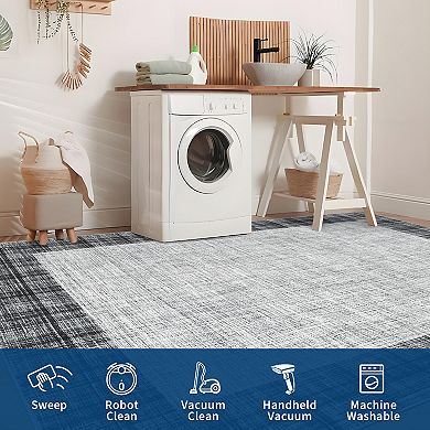 Modern Bordered Area Rug Machine Washable Non Slip Pet Friendly Low Pile for Living Room