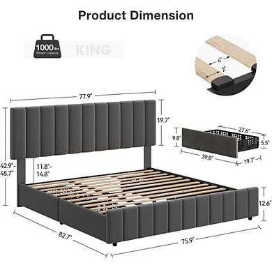 Upholstered Platform Bed Frame with Four Storage Drawers and Adjustable Headboard