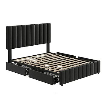 Upholstered Platform Bed Frame with Four Storage Drawers and Adjustable Headboard