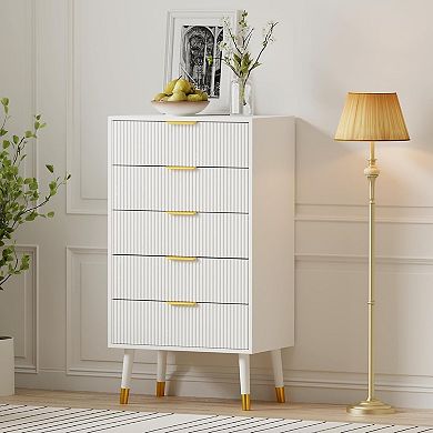 Modern Nightstand Set of 2 - Fluted 5-Drawer Dresser with Gold Handles