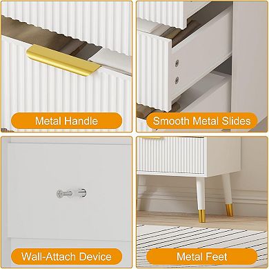 Modern Nightstand Set of 2 - Fluted 5-Drawer Dresser with Gold Handles