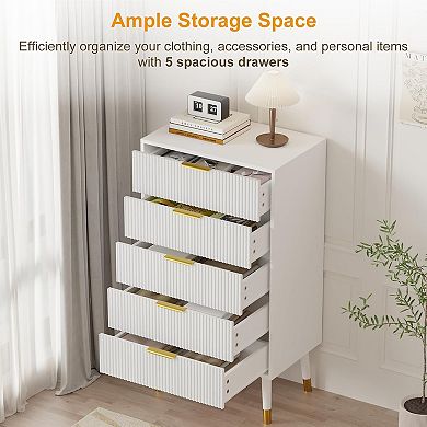 Modern Nightstand Set of 2 - Fluted 5-Drawer Dresser with Gold Handles