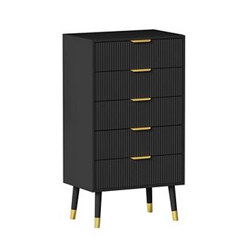 Modern Nightstand Set of 2 - Fluted 5-Drawer Dresser with Gold Handles