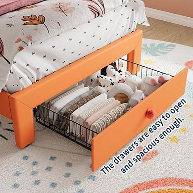 Upholstered Platform Bed Frame with LED Headboard and Storage Drawers