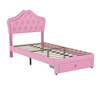 Upholstered Platform Bed Frame with LED Headboard and Storage Drawers