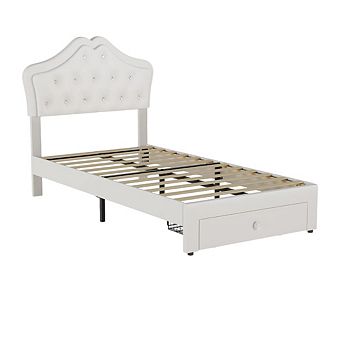 Upholstered Platform Bed Frame with LED Headboard and Storage Drawers