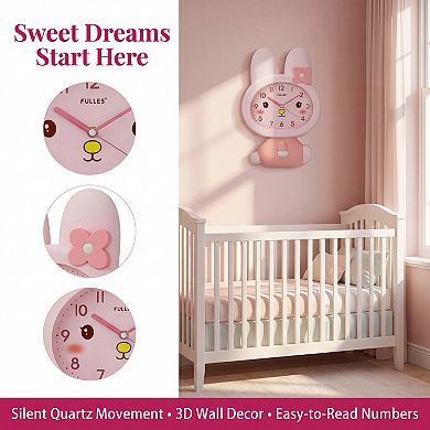 Cute Bunny Wall Clock, 3D Cartoon Rabbit Silent Sweep Clock, Battery Operated 16x11x2.1 inch
