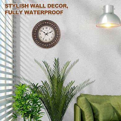 12" Outdoor Wall Clock Waterproof Garden Clock, Double Layer Lace, Battery Operated, Silent Movement