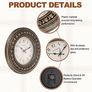 12" Outdoor Wall Clock Waterproof Garden Clock, Double Layer Lace, Battery Operated, Silent Movement