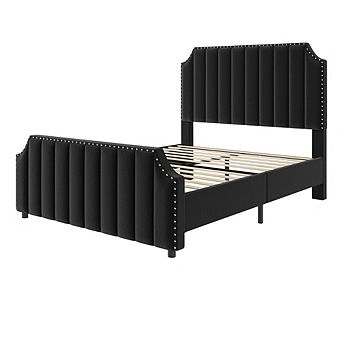 Velvet Upholstered King Platform Bed with Tufted Headboard, Footboard and Nailhead Trim