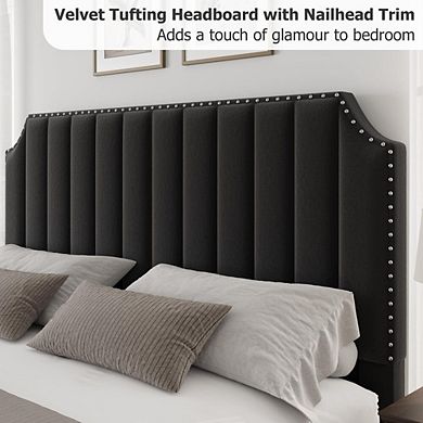 Velvet Upholstered King Platform Bed with Tufted Headboard, Footboard and Nailhead Trim
