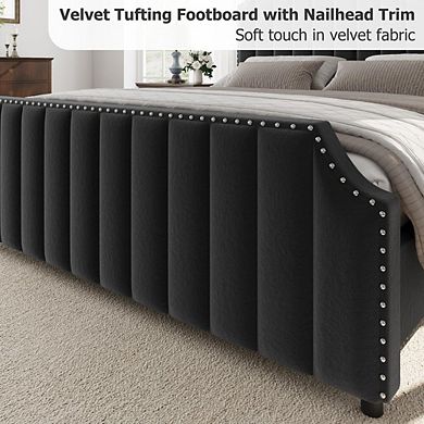 Velvet Upholstered King Platform Bed with Tufted Headboard, Footboard and Nailhead Trim